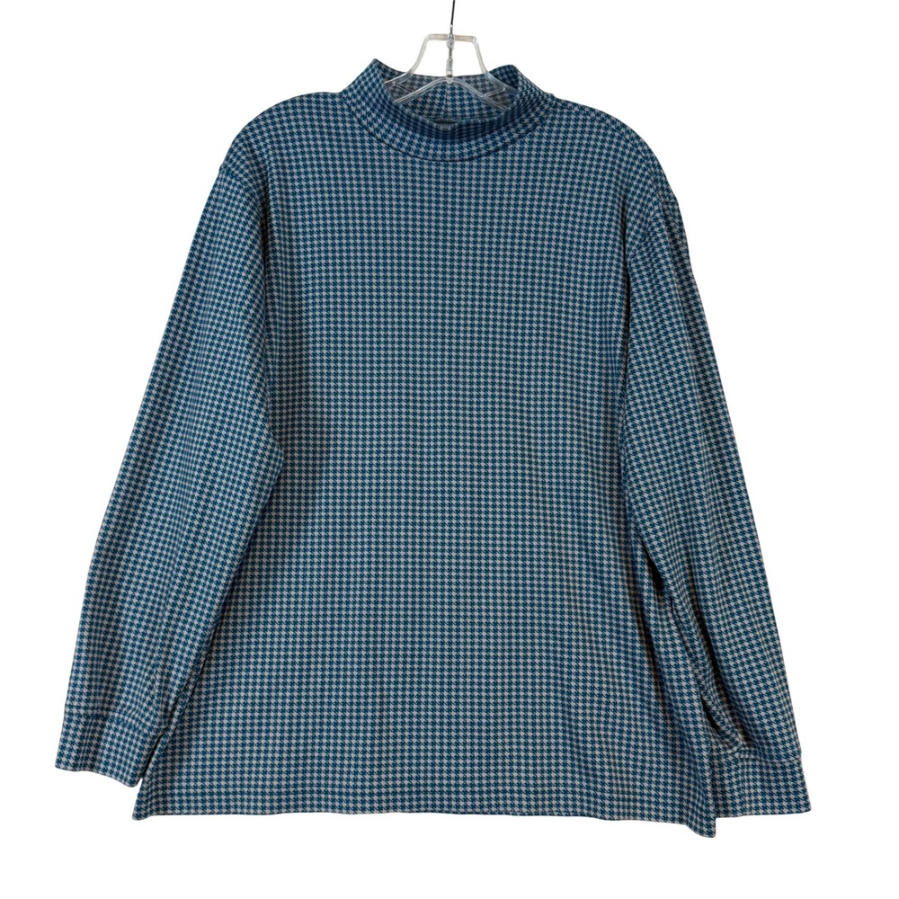 Lands End Men Blue Houndstooth Mock Neck L/S Shirt •L• 42-44 Dark Academia Layer